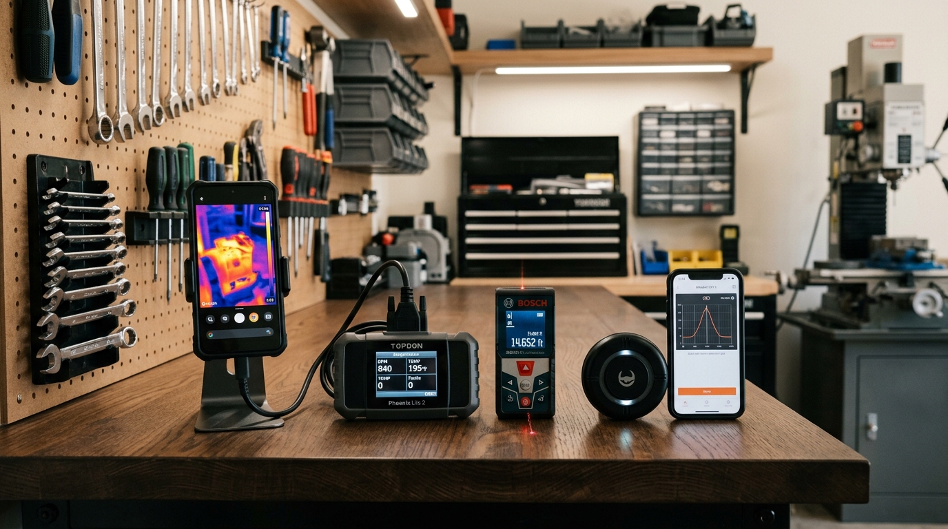 Modern workshop bench with high tech diagnostic tools
